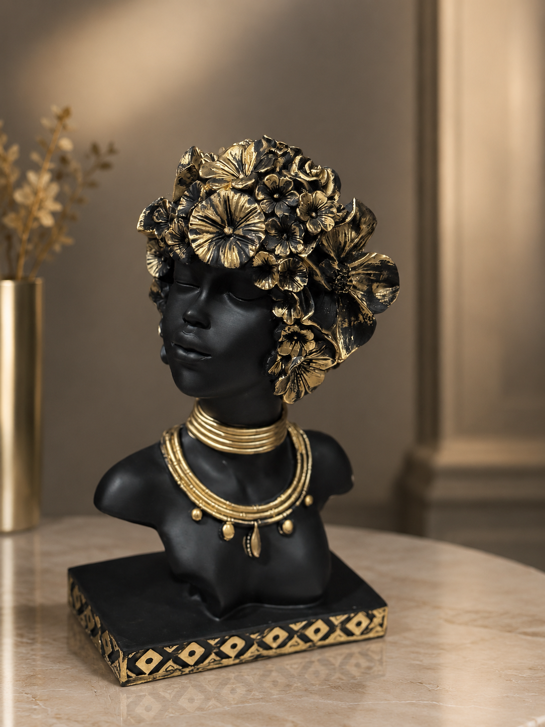 Midnight Bloom Goddess Bust Sculpture – Luxury Black & Gold Floral Art Piece