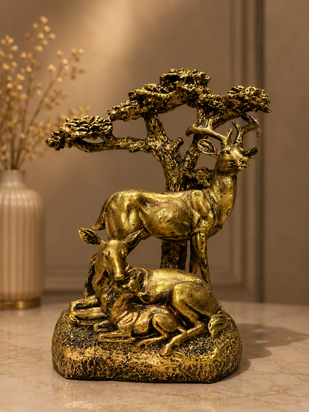 Golden Woodland Deer Family Sculpture – Luxury Nature-Inspired Decorative Showpiece