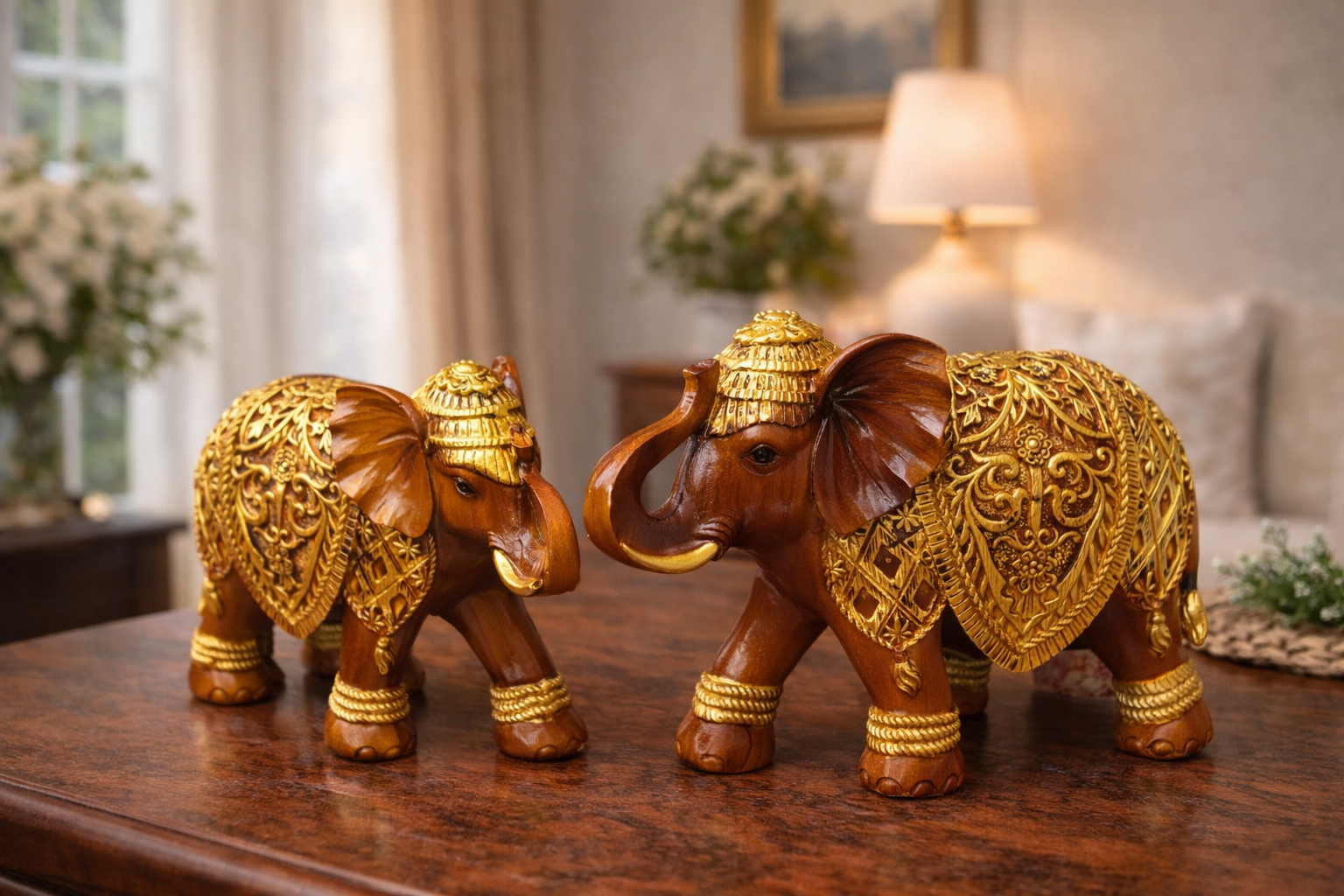 Royal Golden Elephant Pair – Strength, Wisdom & Prosperity Decor Set